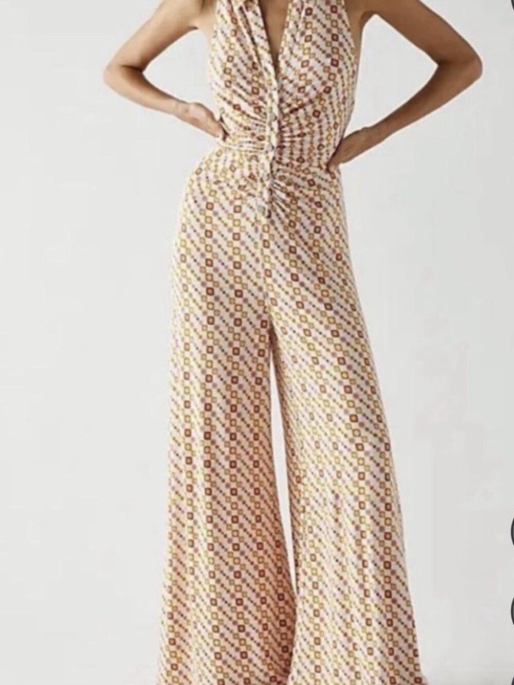 Free People Shayla Halter Jumpsuit Womens Medium Boho Geometric Ruched Wide Leg